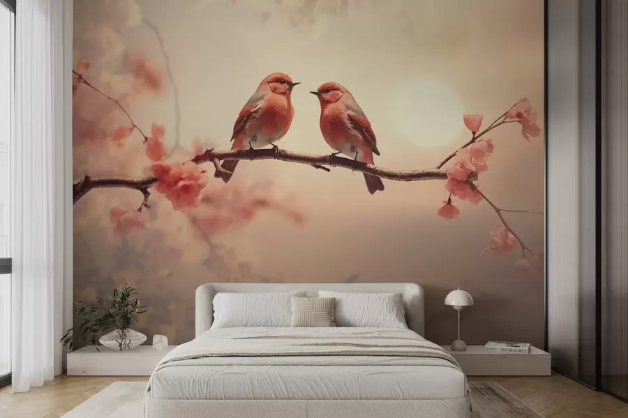 fototapet O scenă senină și romantică cu două păsărele așezate pe o ramură delicată decorată cu flori roz pal.  w02343
