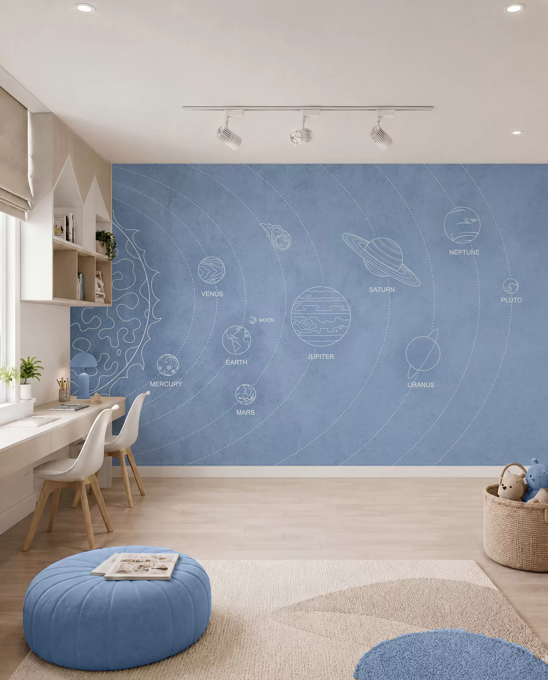 fototapet Sistem solar în stil minimalist pe un fundal albastru texturat w02344v1
