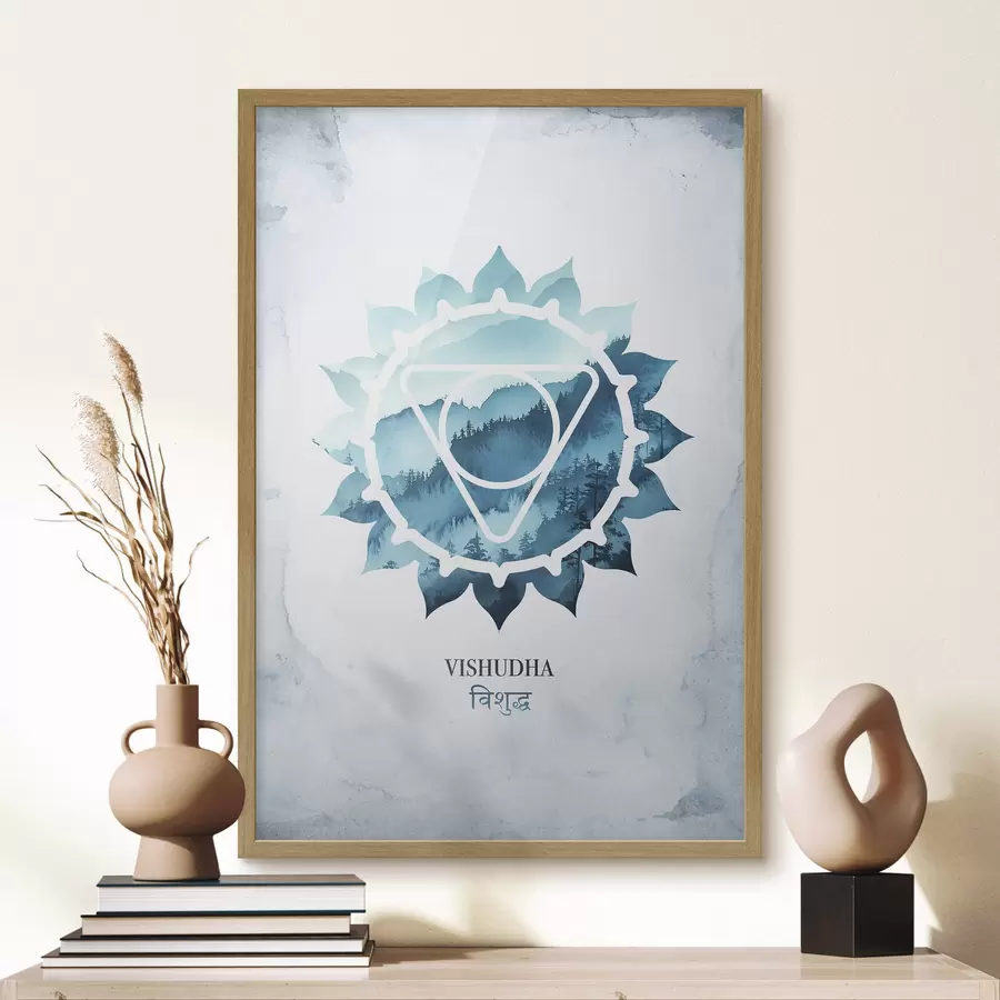 fototapet Vishuddha chakra, chakra albastră, esoteric, meditație, buddhism, munți în stil acuarelă f41884