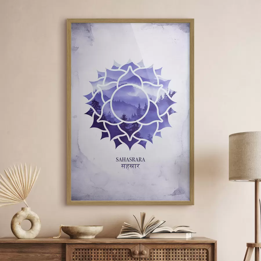 fototapet Sahasrara chakra, chakra purpurie, esoteric, meditație, buddhism, munți în stil acuarelă f41886