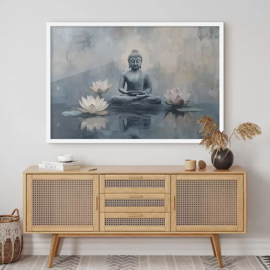 fototapet Buddha meditând în lac cu lotusuri, oriental, stil acrilic f41891