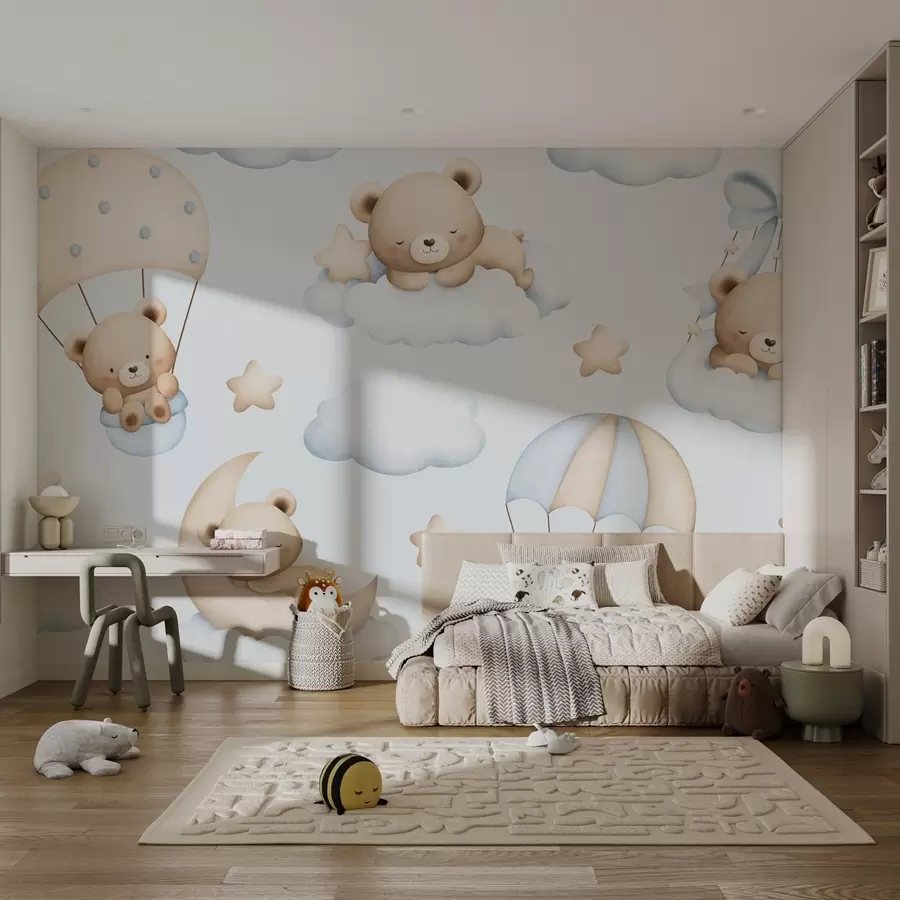 fototapet Urși pe parașute și nori pe un fundal albastru w02385