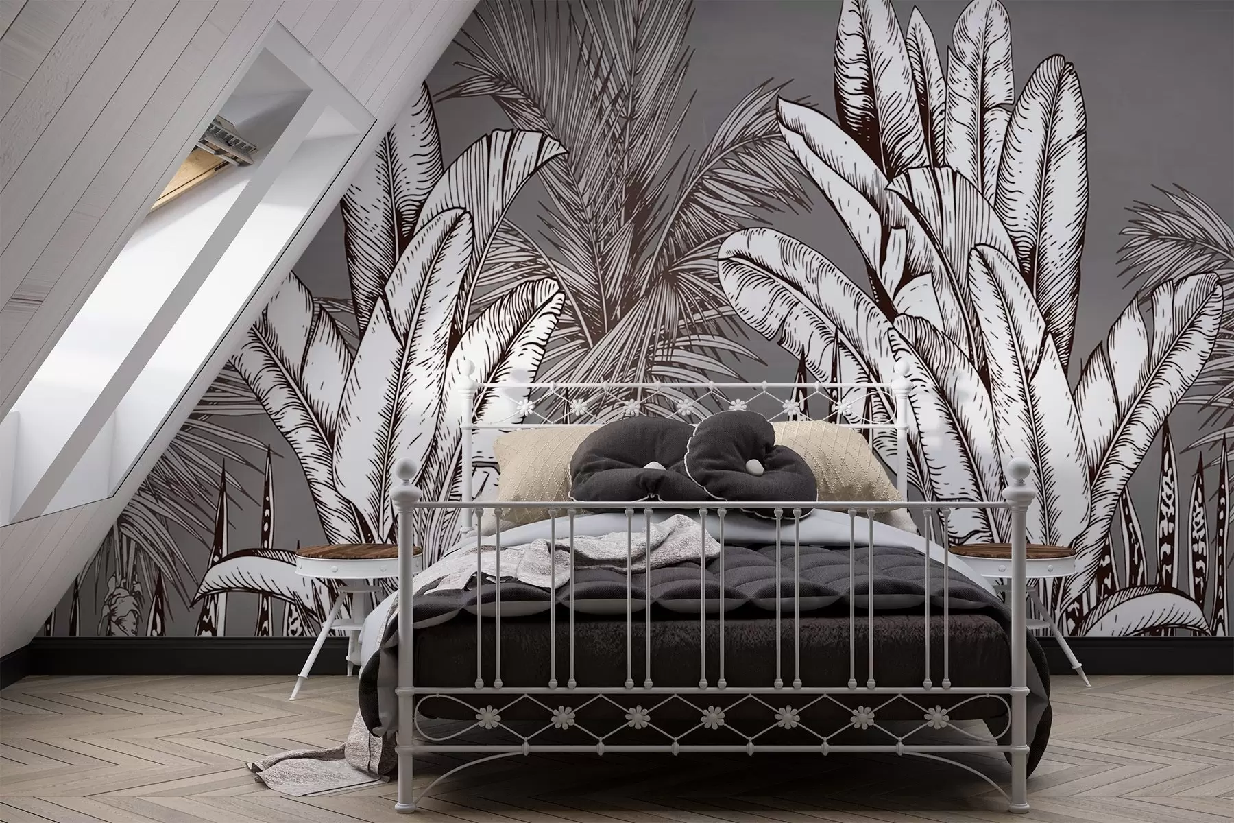 fototapet Model cu frunze tropicale pe un fundal gri w02299