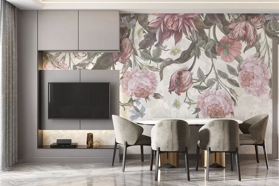 fototapet Un aranjament floral luxuriant cu flori mari roz și albe, cu frunze și tulpini verzi  w08435