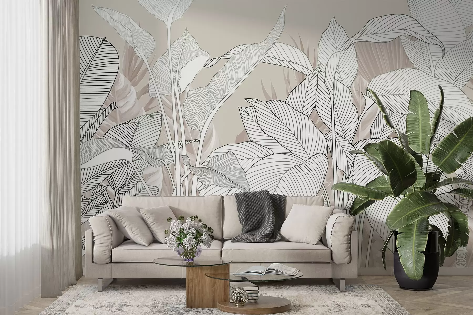 fototapet O ilustrație monocromă cu frunze și frunze mari, stilizate, cu modele de linii și texturi complicate w08436v1
