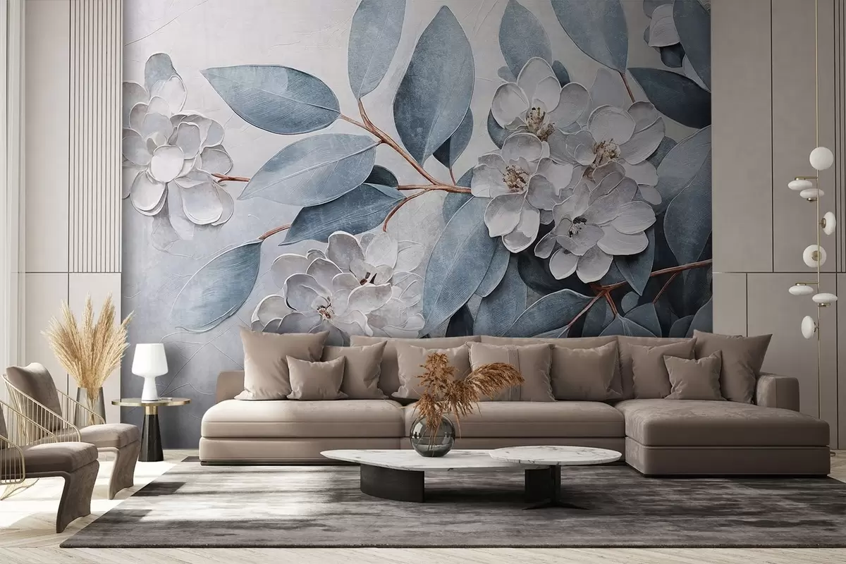 fototapet Delicate flori albe cu frunze gri-verde pe un fundal moale, atenuat în stil pictură în ulei  w08437