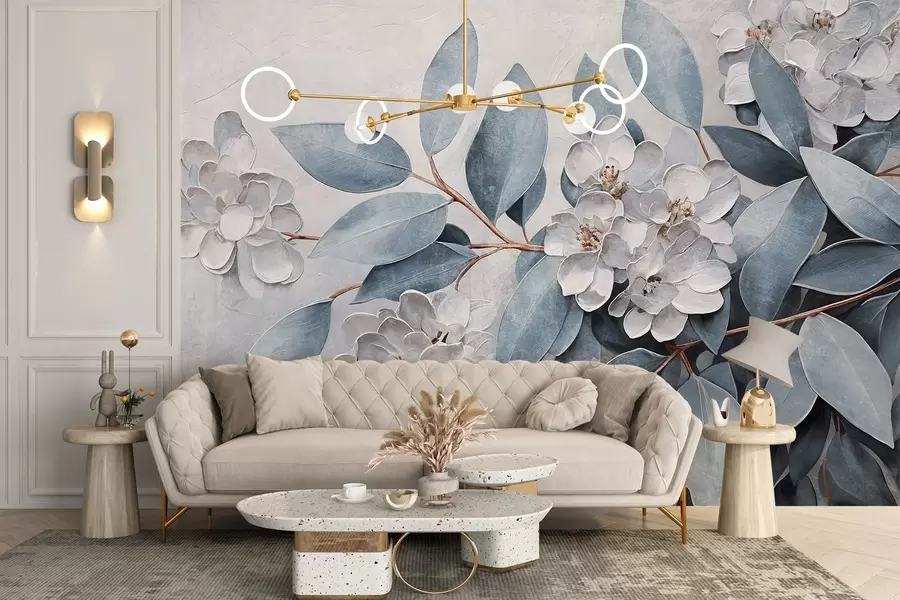 fototapet Delicate flori albe cu frunze gri-verde pe un fundal moale, atenuat în stil pictură în ulei  w08437