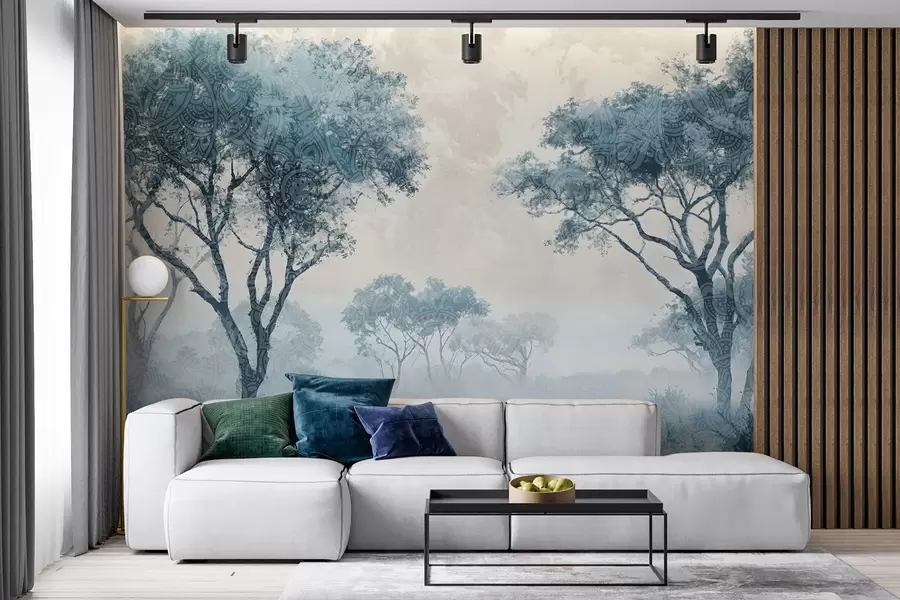 fototapet Un peisaj cețos, senin, cu copaci siluetați în prim-plan, cu ceață moale în nuanțe de albastru și bej w08442