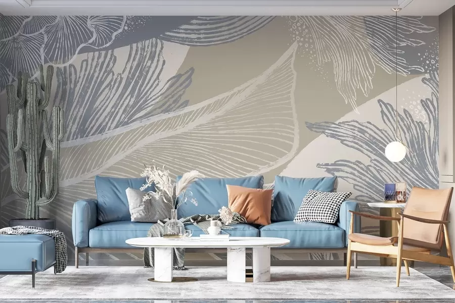 fototapet Print abstract albastru pastel și alb cu forme și linii organice cu o paletă de culori atenuate w08450