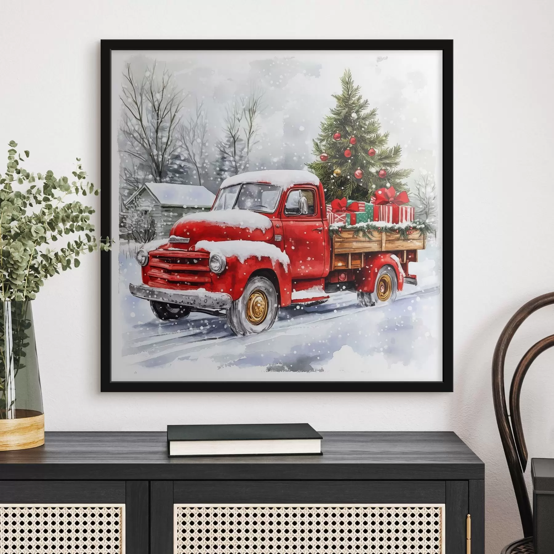 Tablouri O mașină de Crăciun cu un copac și cadouri în vreme de zăpadă f41968