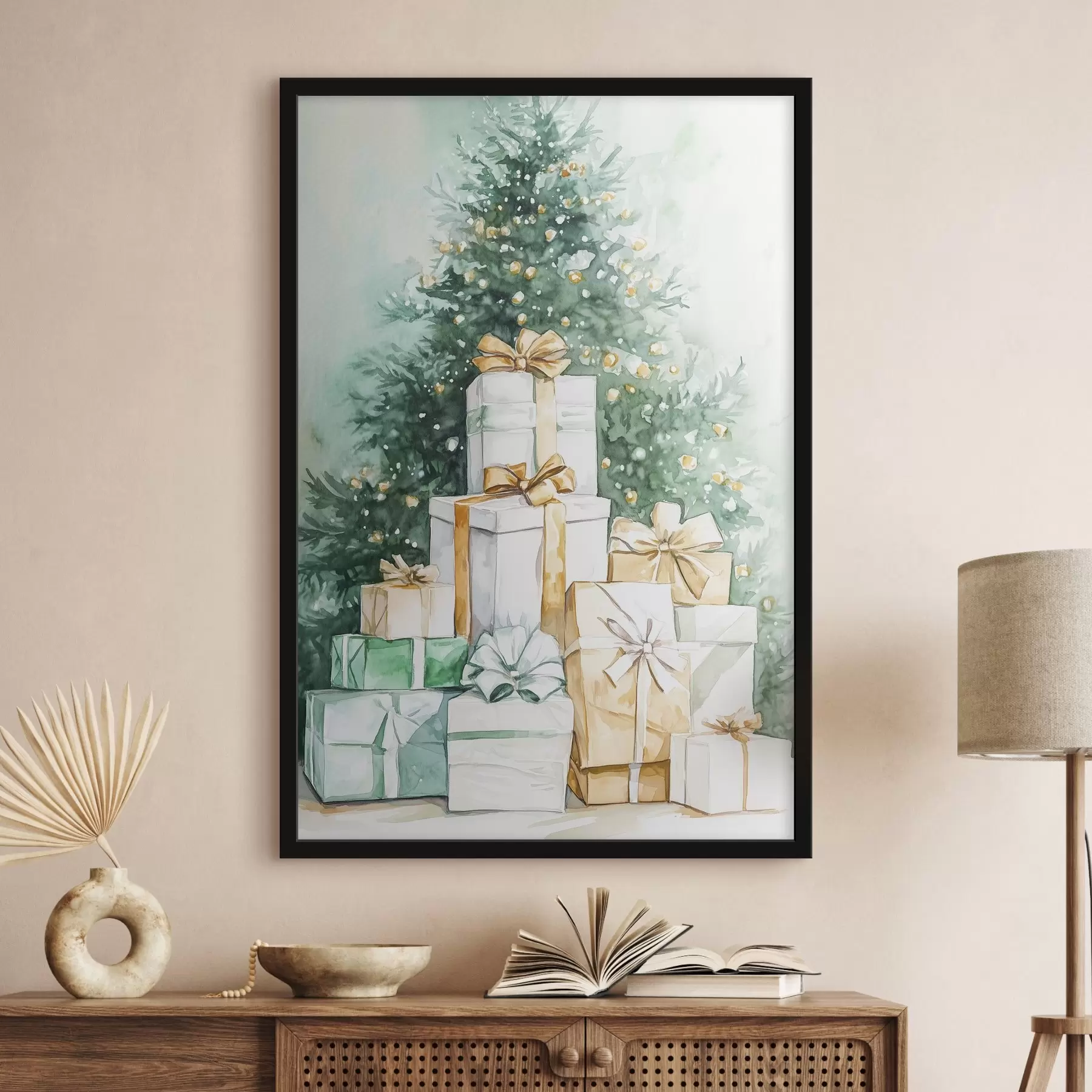 fototapet Pom de Crăciun cu cadouri împachetate, stil acuarelă, festiv f41944