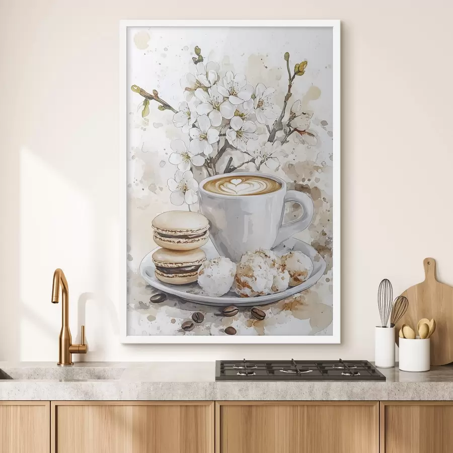 fototapet Ceașcă frumoasă de cafea, flori de iasomie, macaroane, culori moi de acuarelă f41964