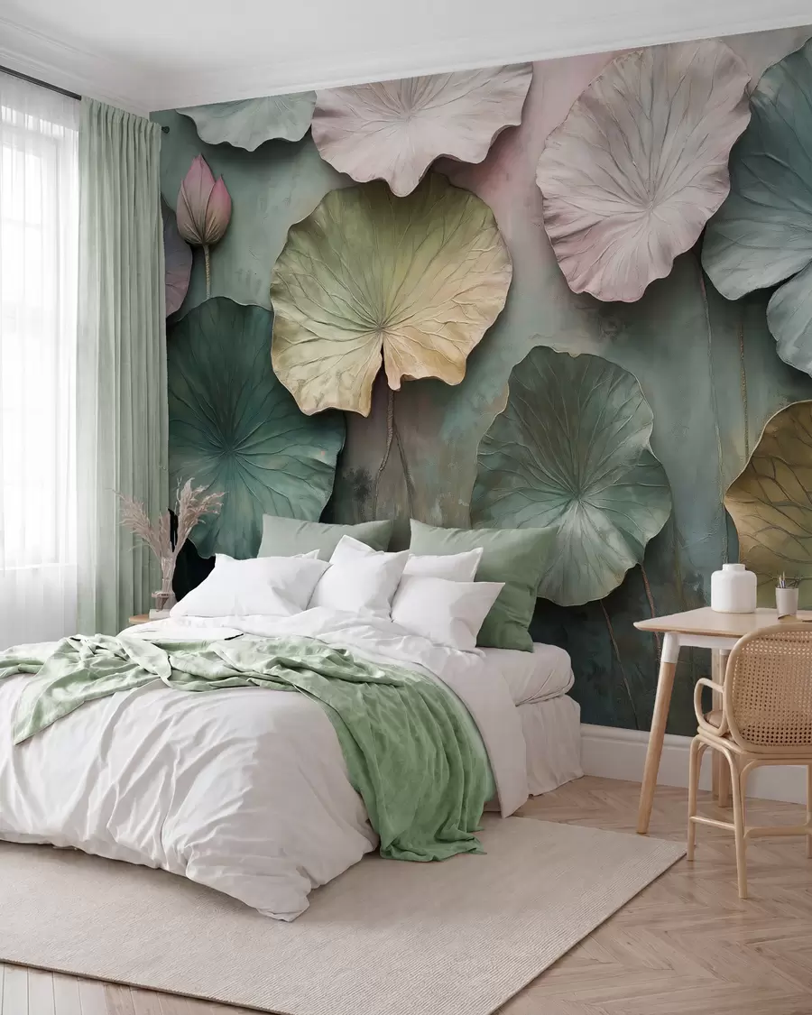 fototapet frunze de lotus în stil pastel cu un efect de volum w02441