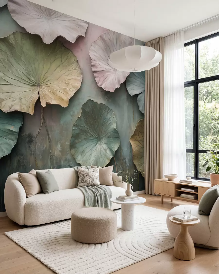 fototapet frunze de lotus în stil pastel cu un efect de volum w02441