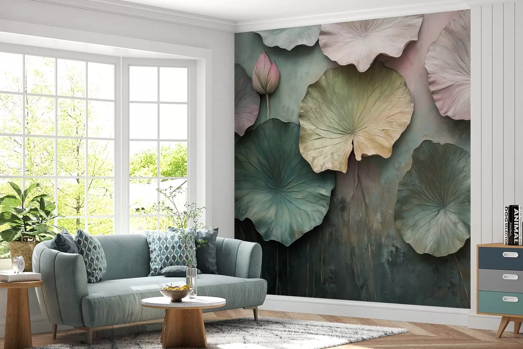 fototapet frunze de lotus în stil pastel cu un efect de volum w02441