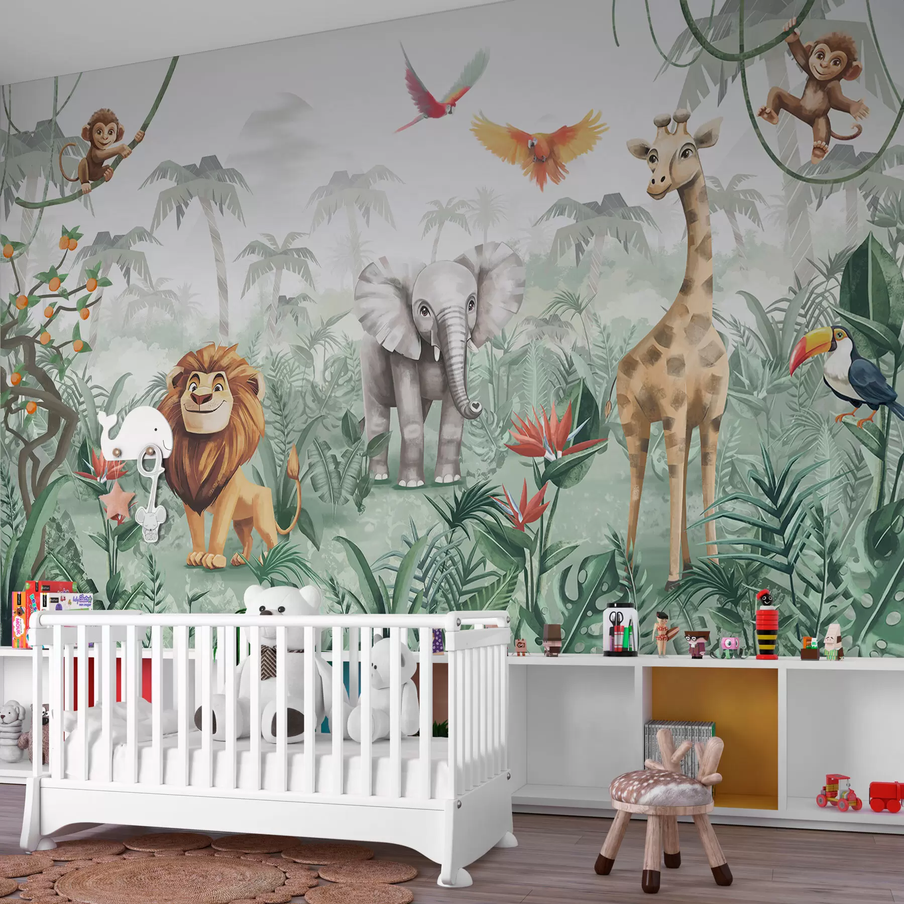 Tablouri Design de junglă pentru copii cu leu, girafă, elefant și papagali w02440