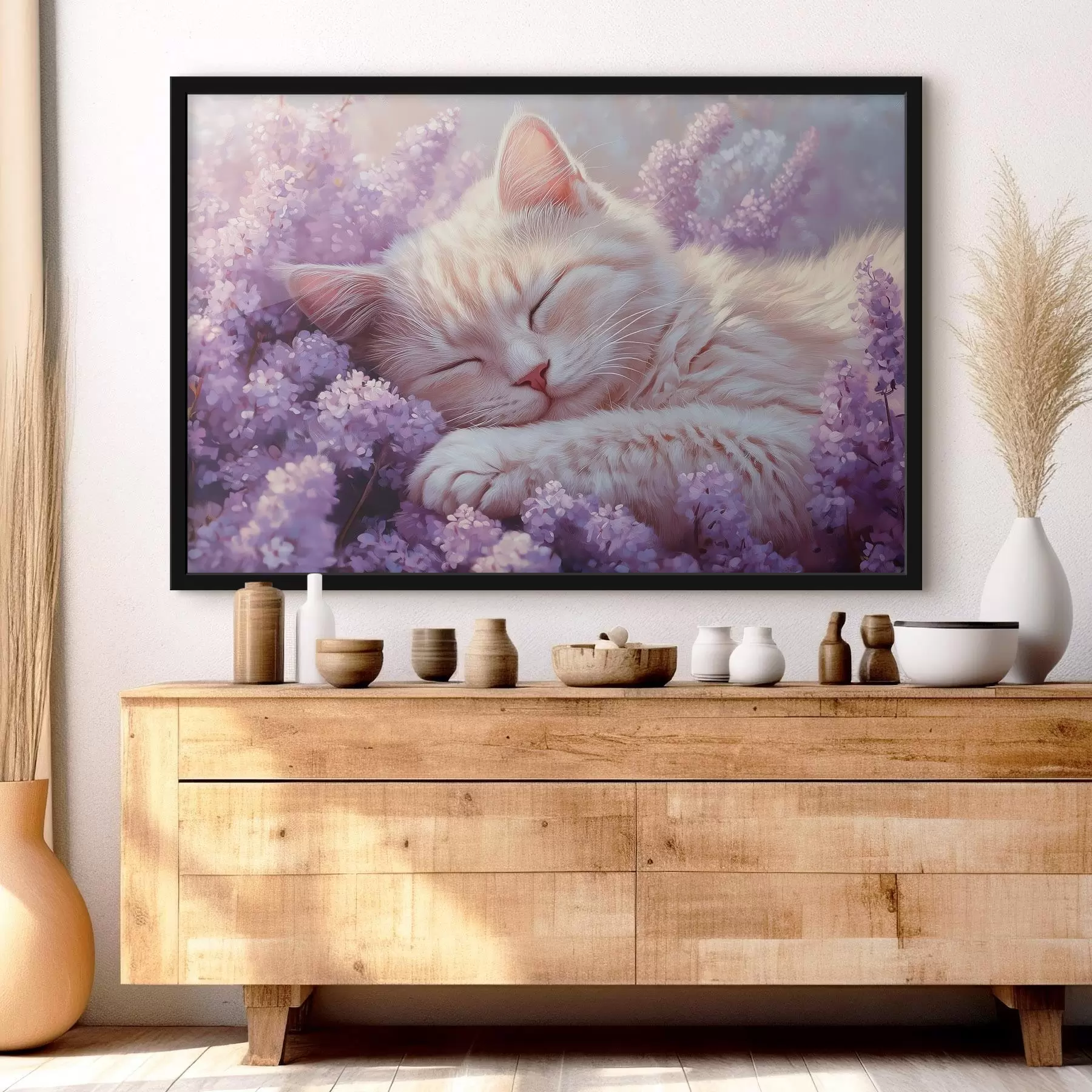 Tablouri pisică întinsă pe flori mov f42012