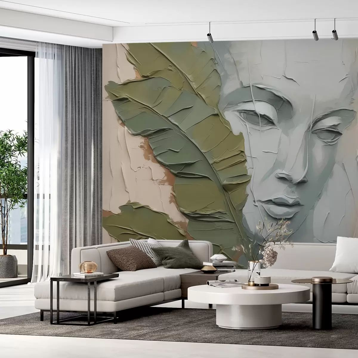 fototapet Față în apropierea frunzelor tropicale imitarea loviturilor de vopsea și a texturii w02436