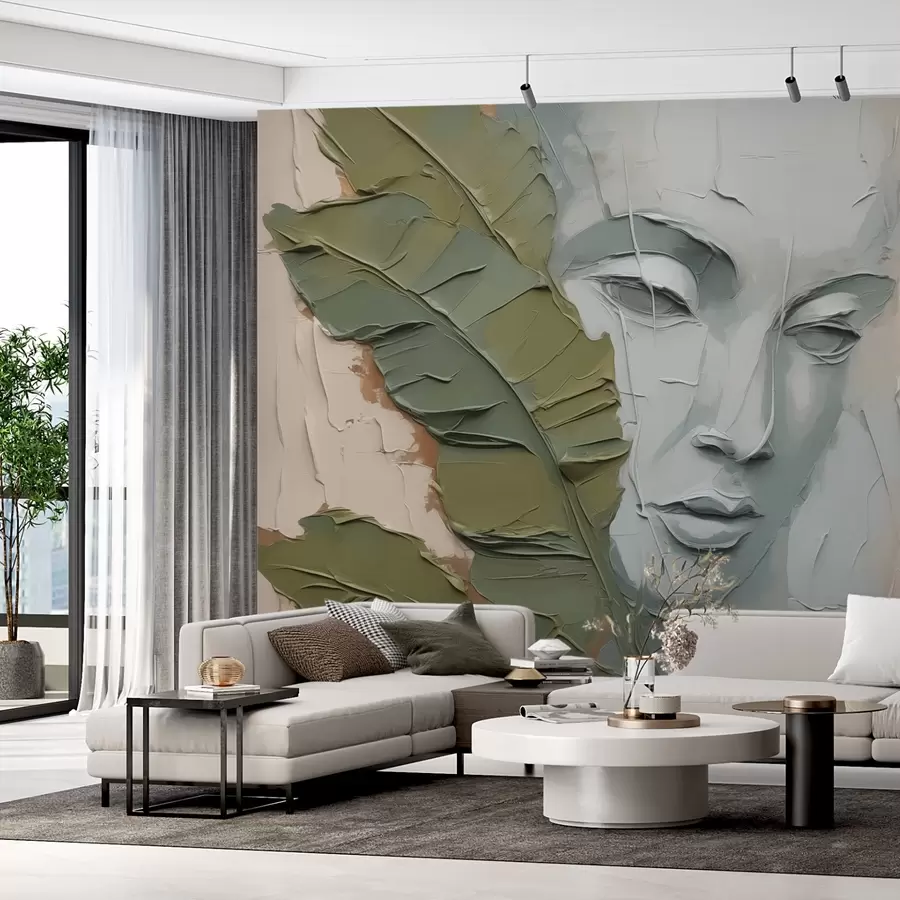 fototapet Față în apropierea frunzelor tropicale imitarea loviturilor de vopsea și a texturii w02436