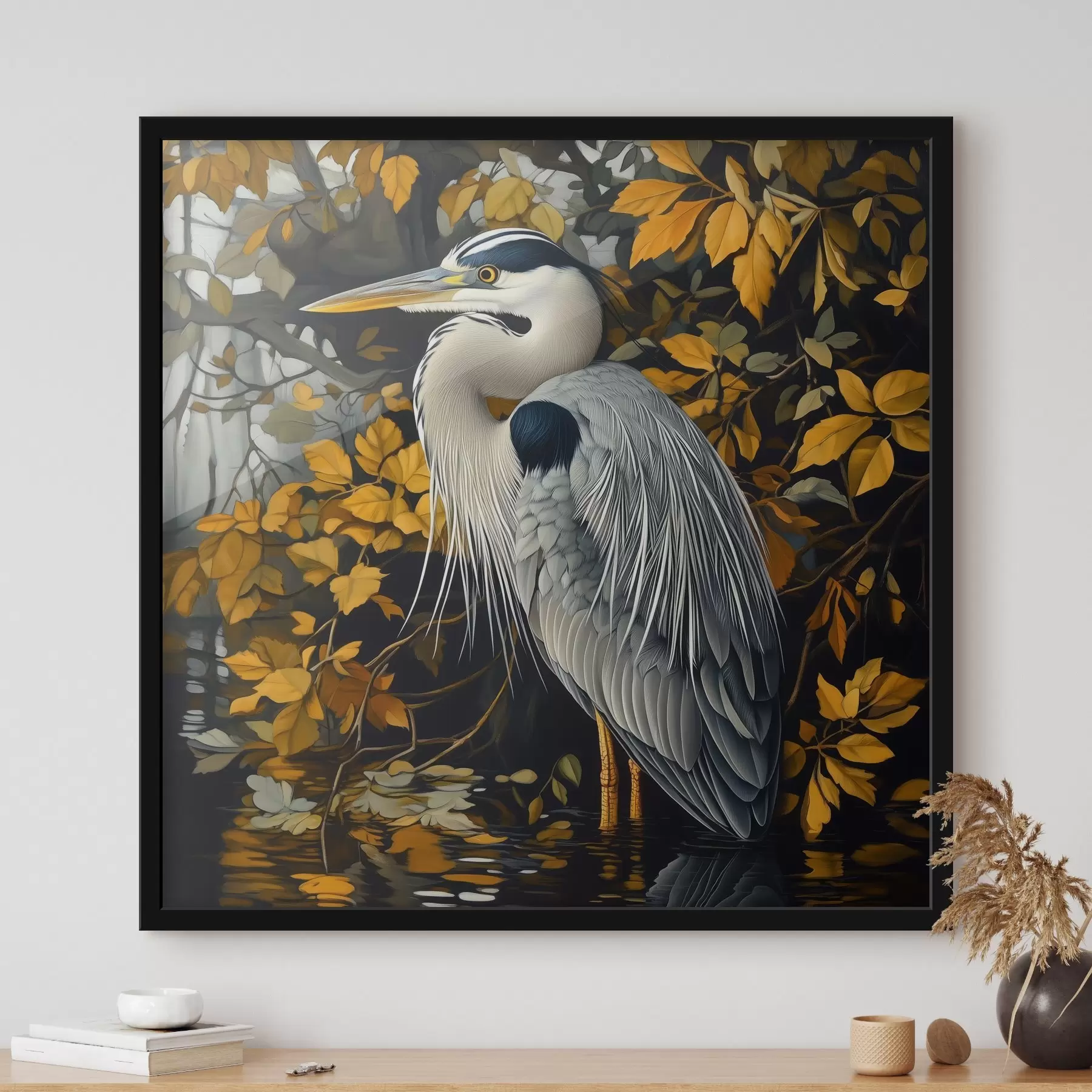 Tablouri Un heron în apă pe un fundal de frunze de toamnă f42041