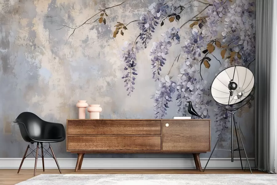 fototapet tapet texturat în culori moi, atenuate, cu flori și ramuri delicate de glicină w02451