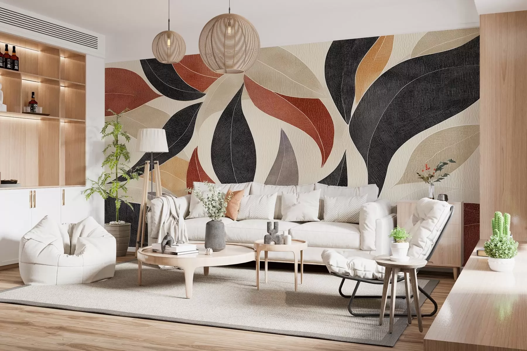 fototapet frunze abstracte într-o paletă de tonuri pământii - bej, teracotă și gri închis. w02452