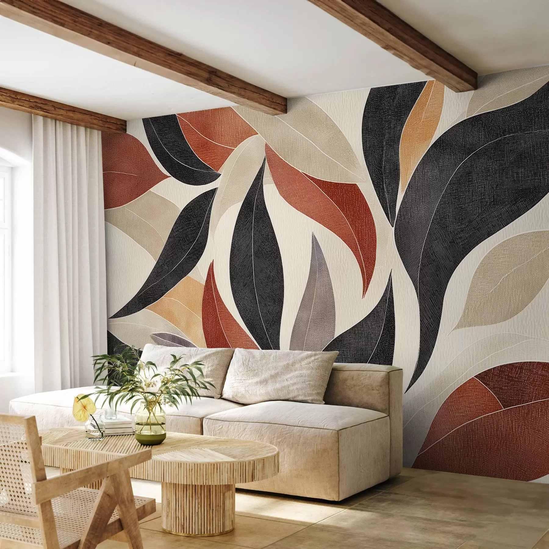 fototapet frunze abstracte într-o paletă de tonuri pământii - bej, teracotă și gri închis w02452