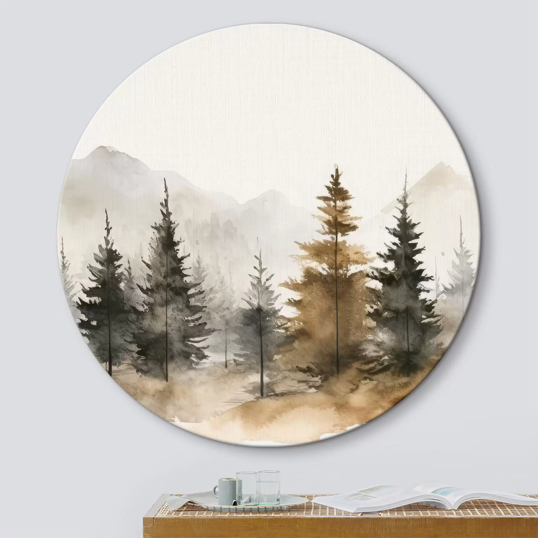 Tablouri Watercolor brazi pe fundal de munți r36010