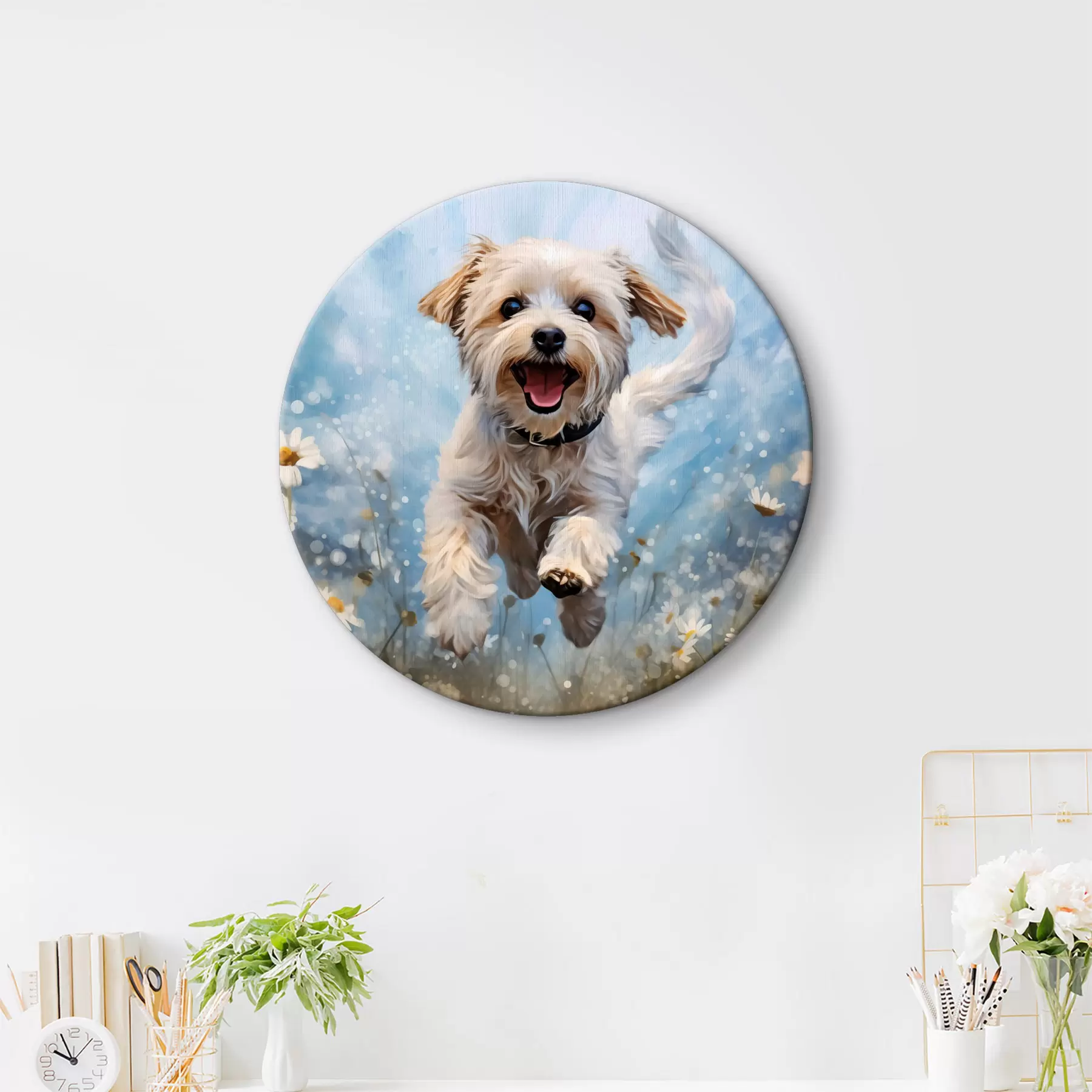 Tablouri Mic câine alb sărind printre margarete pe un fundal albastru acuarelă r40092