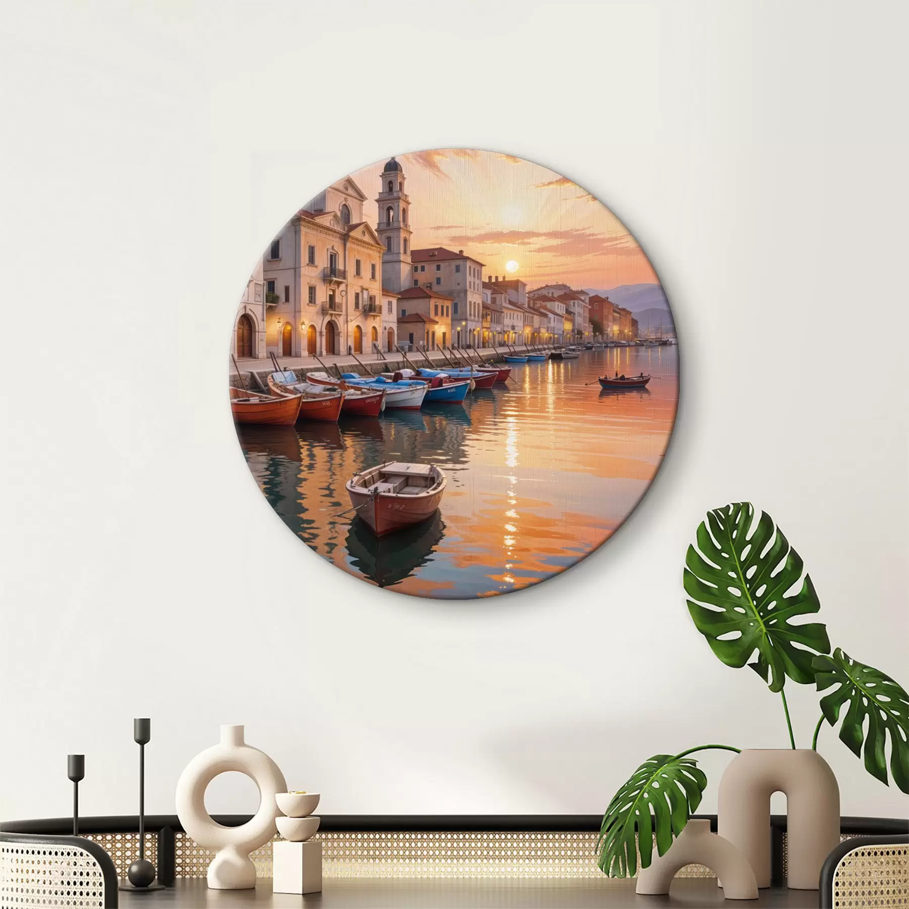 Tablouri Oraș italian de coastă la apus, cu clădiri colorate pe malul mării și bărci plutind în apele calme r40150