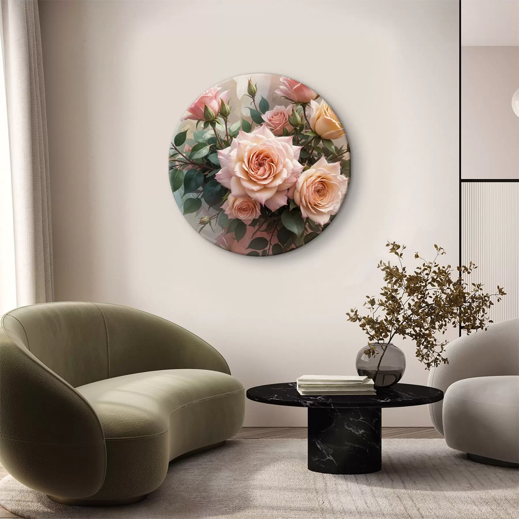 Tablouri Un buchet de trandafiri roz frumoși cu frunze verzi pe un fundal blând, neclar r40168