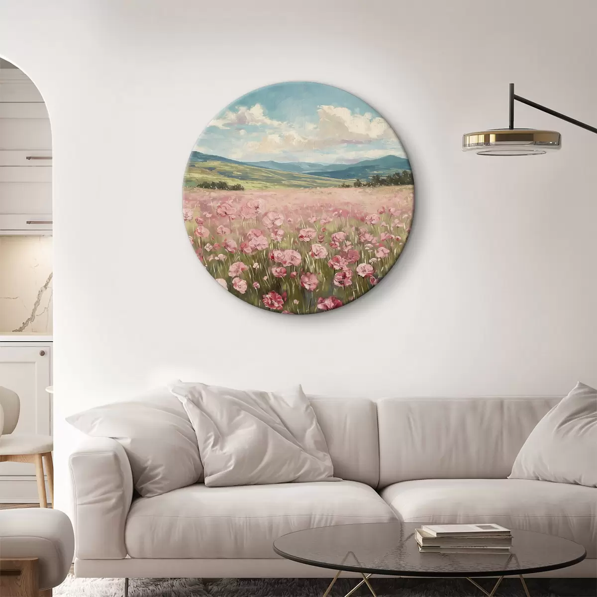 Picturi rotunde Pajiște cu flori roz, munți, peisaj natural, cer albastru cu nori, acrilic r40232