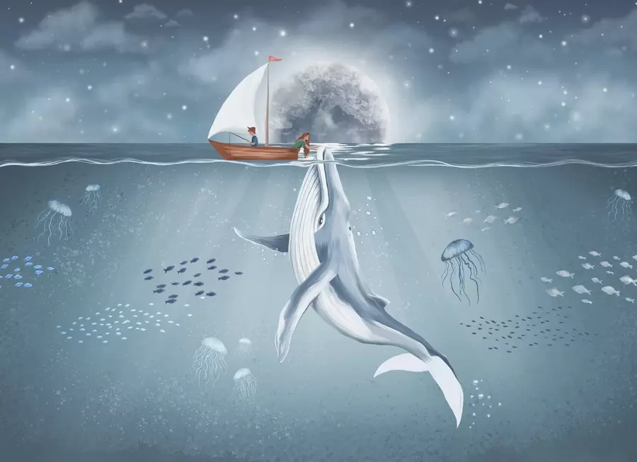 fototapet Design pentru copii cu balenă, lună și barcă cu copii w02476