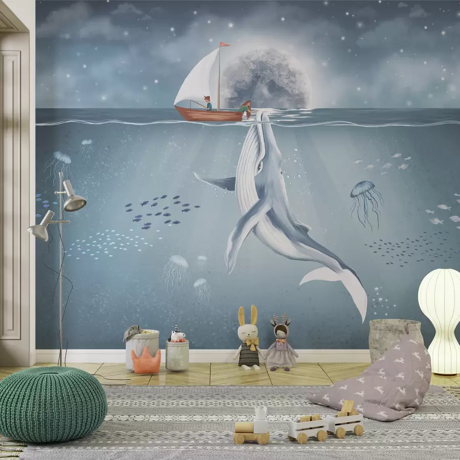 fototapet Design pentru copii cu balenă, lună și barcă cu copii w02476