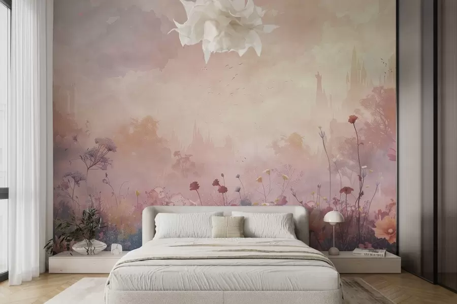 fototapet Flori sălbatice pe fundal silueta castel w08478