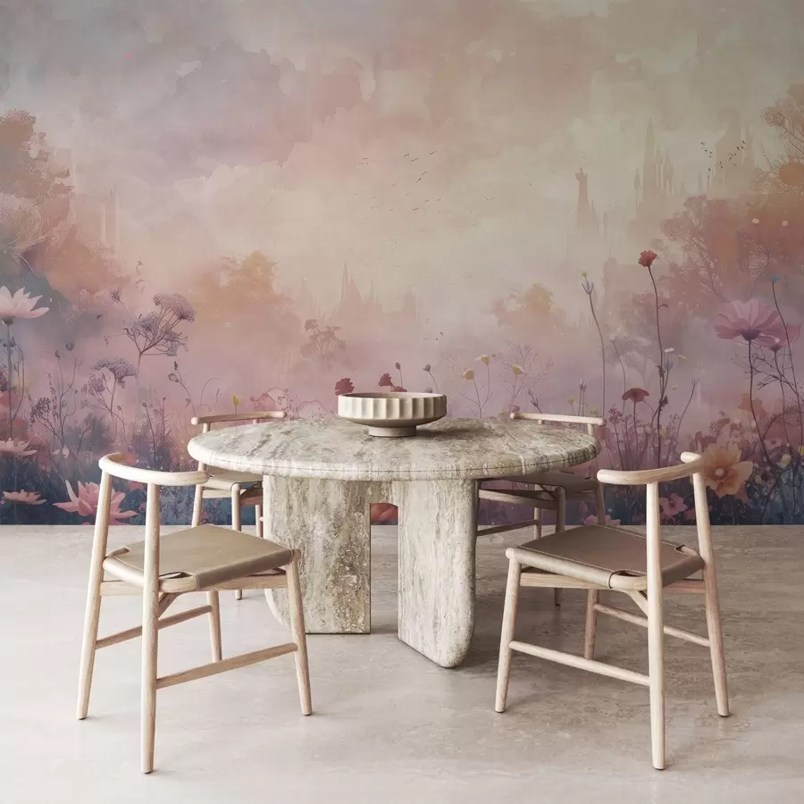 fototapet Flori sălbatice pe fundal silueta castel w08478