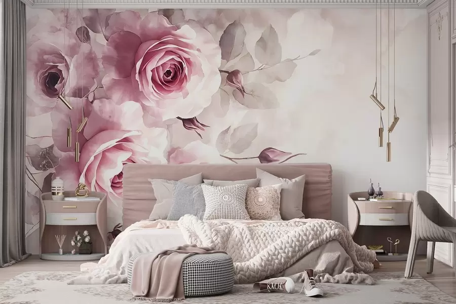 fototapet Delicate pastel roz trandafiri și frunze cu fundal moale, blurat imitație acuarelă w08459