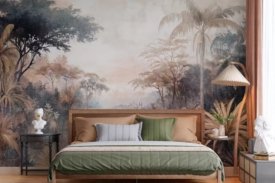 fototapet Un peisaj tropical texturat cu un râu calm înconjurat de palmieri luxurianți, arbuști și alte frunze w08460