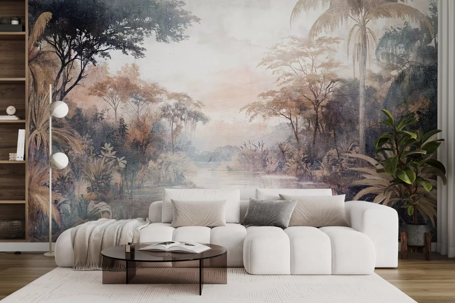 fototapet Un peisaj tropical texturat cu un râu calm înconjurat de palmieri luxurianți, arbuști și alte frunze w08460