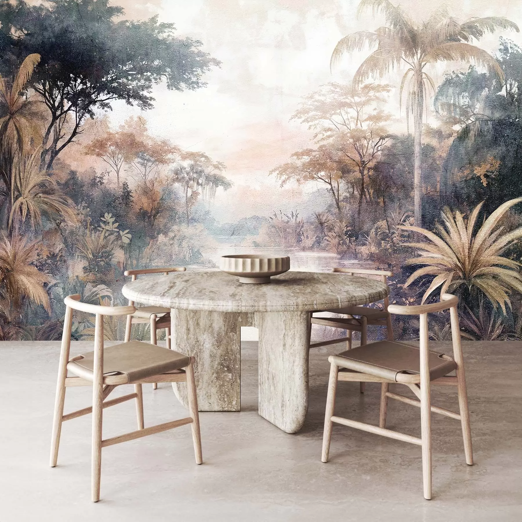 fototapet Un peisaj tropical texturat cu un râu calm înconjurat de palmieri luxurianți, arbuști și alte frunze w08460