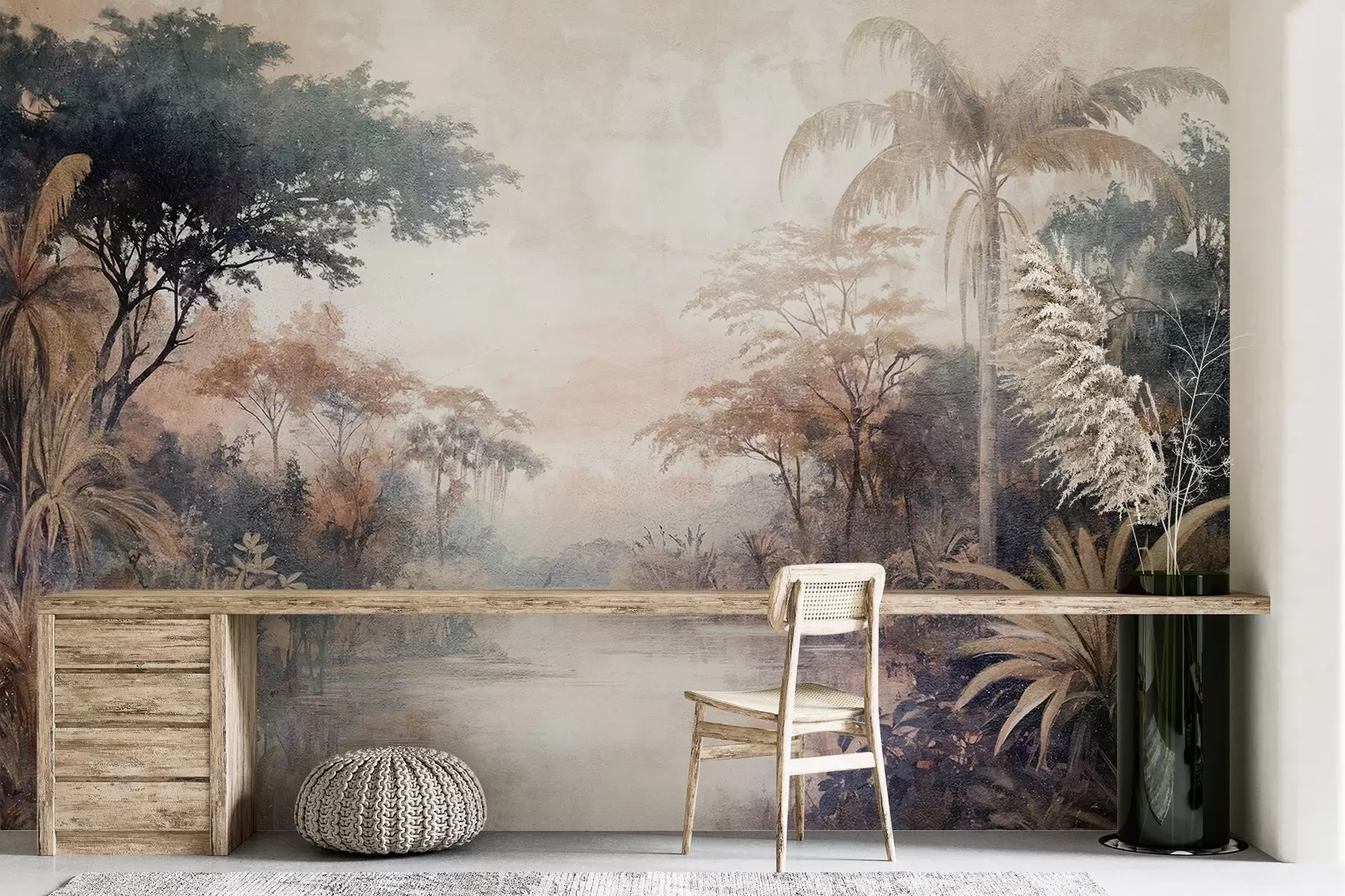 fototapet Un peisaj tropical texturat cu un râu calm înconjurat de palmieri luxurianți, arbuști și alte frunze w08460