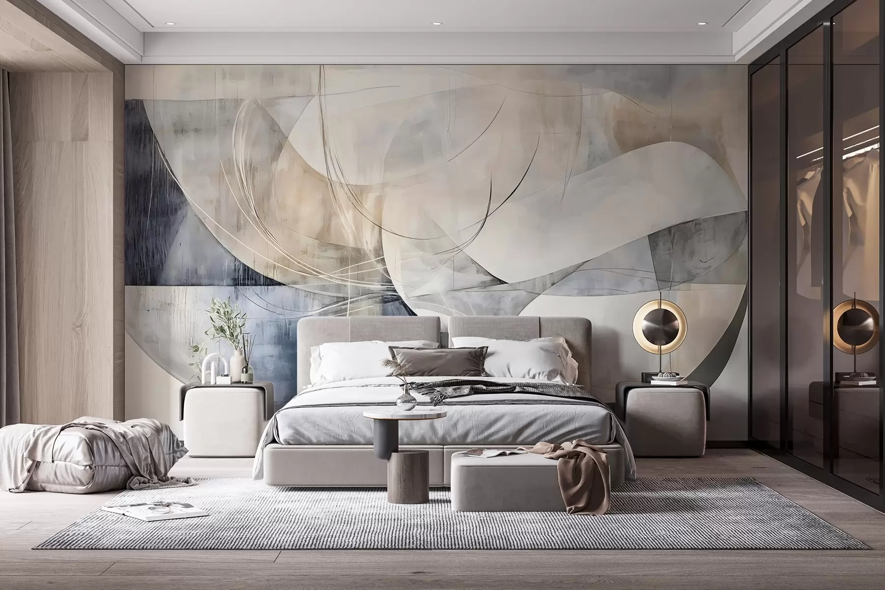 fototapet Forme abstracte și forme în nuanțe de alb, gri, bej și albastru pe un fundal cu textură neclară w08461