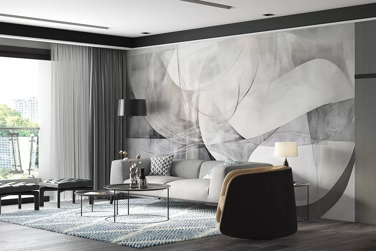 fototapet Forme abstracte și forme în nuanțe de alb, gri și negru pe un fundal cu textură neclară w08461v1