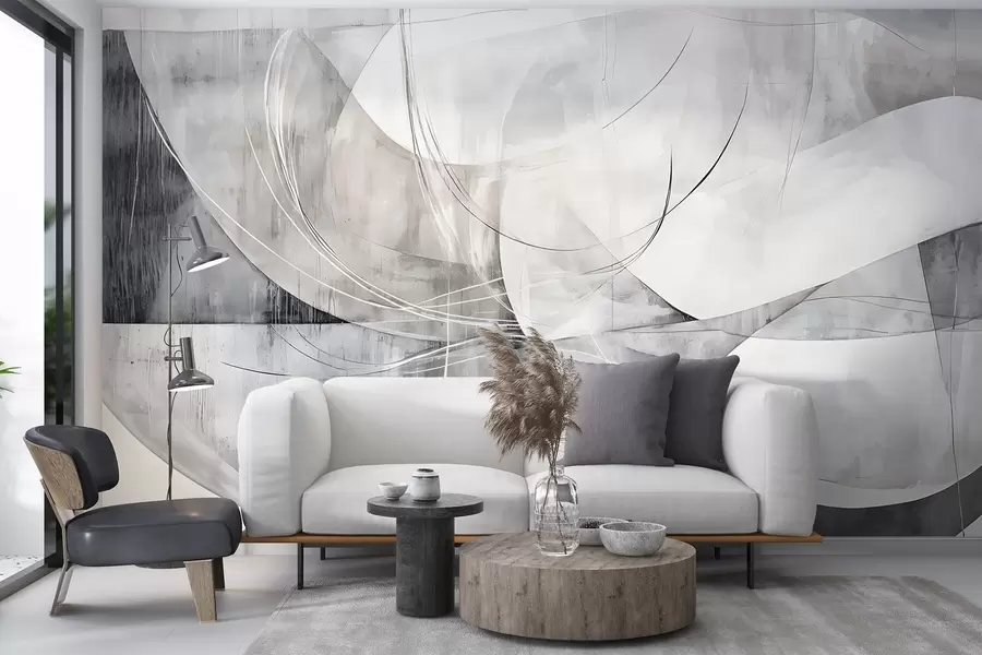 fototapet Forme abstracte și forme în nuanțe de alb, gri și negru pe un fundal cu textură neclară w08461v1