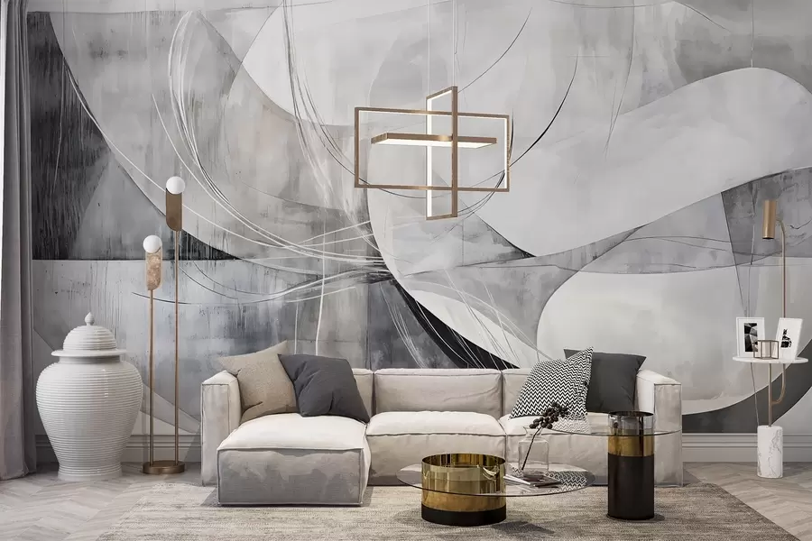 fototapet Forme abstracte și forme în nuanțe de alb, gri și negru pe un fundal cu textură neclară w08461v1