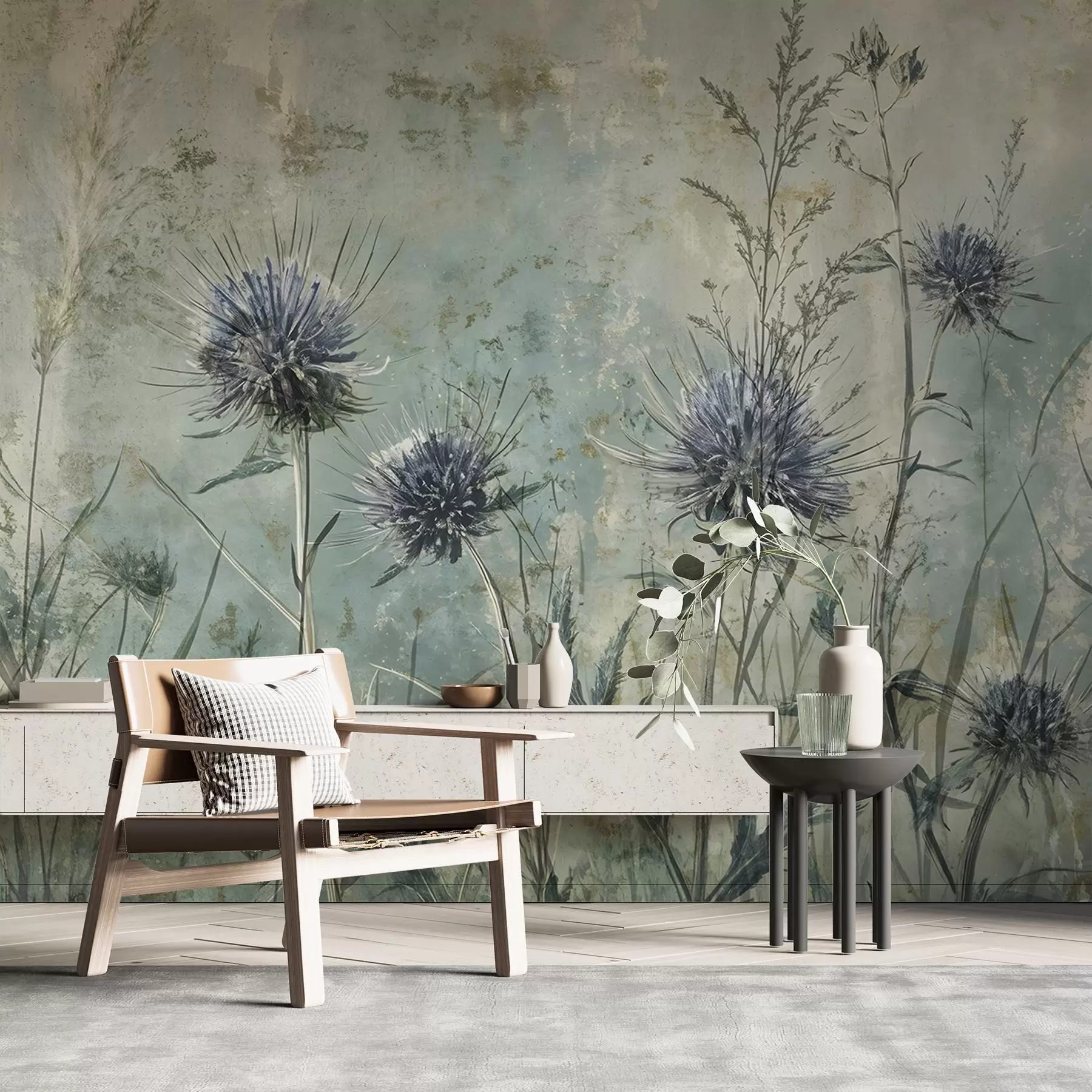 fototapet Un câmp de flori de ciulin purpuriu cu flori neclare și frunze în fundal textural de epocă w08463