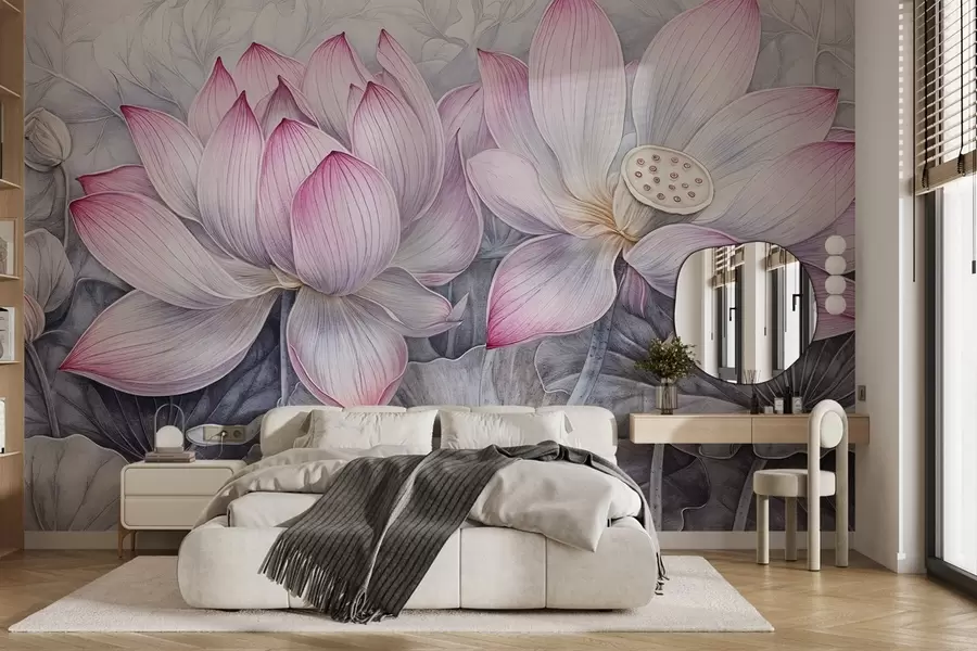 fototapet Mai multe flori mari de lotus roz cu textură detaliată, cu frunze și tulpini gri-verzui pe un fundal deschis w08465