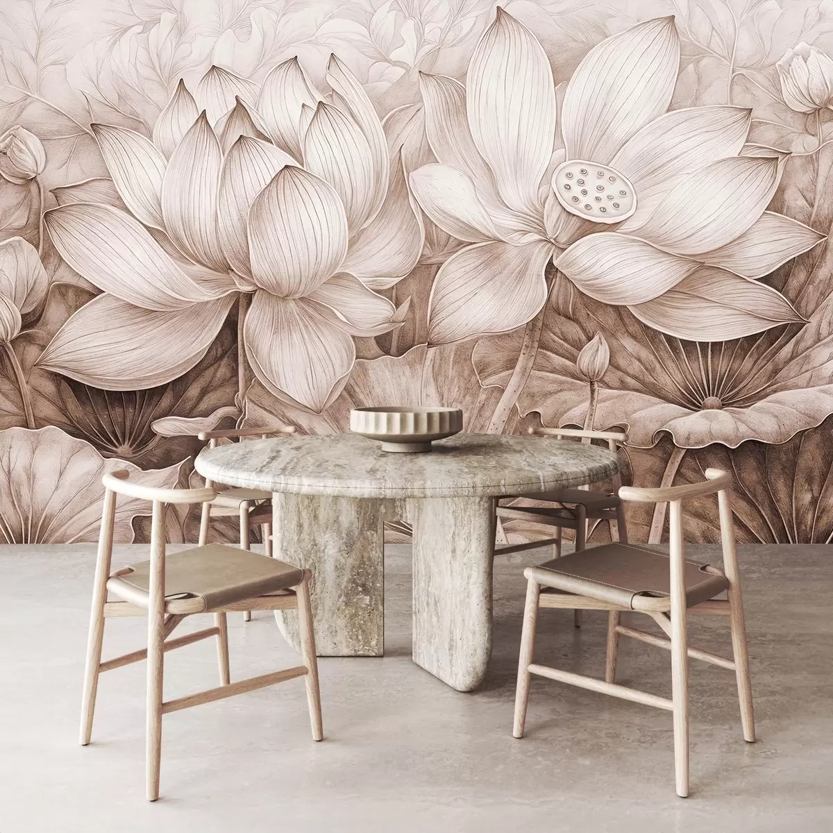 fototapet Mai multe flori mari de lotus bej texturate detaliat cu frunze și tulpini maro pe un fundal deschis w08465v1