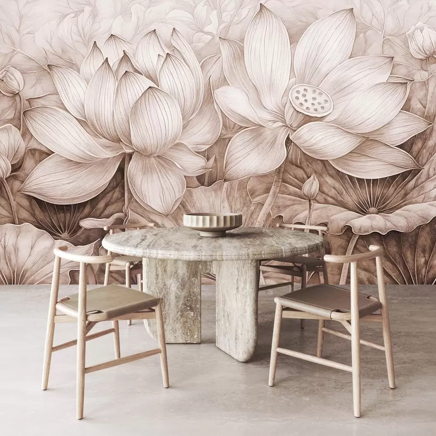 fototapet Mai multe flori mari de lotus bej texturate detaliat cu frunze și tulpini maro pe un fundal deschis w08465v1