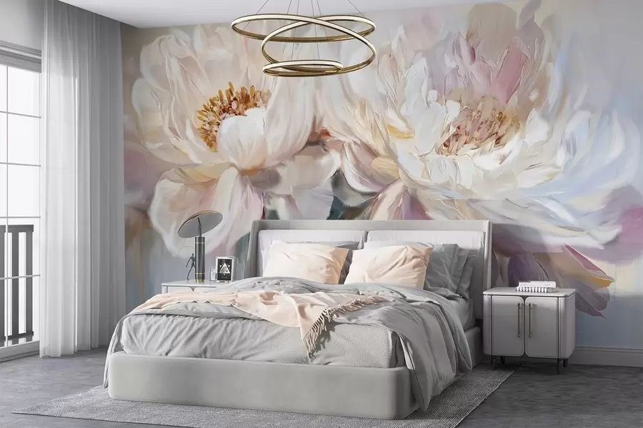 fototapet Bujori moi, delicate, albe și roz pastel cu petale luxuriante pe un fundal de imitație de pictură neclară w08466